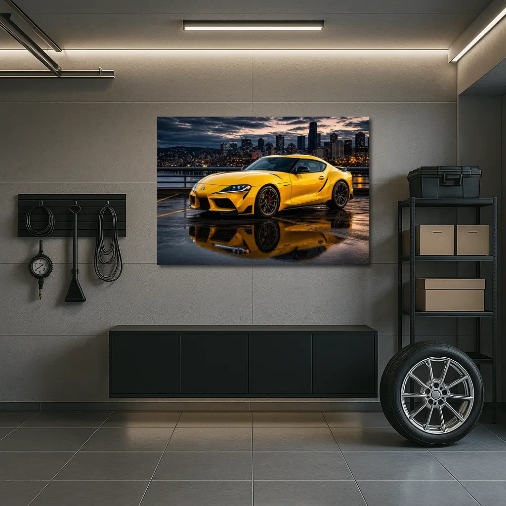 Yellow Toyota Supra City Night Reflection – Wall Art