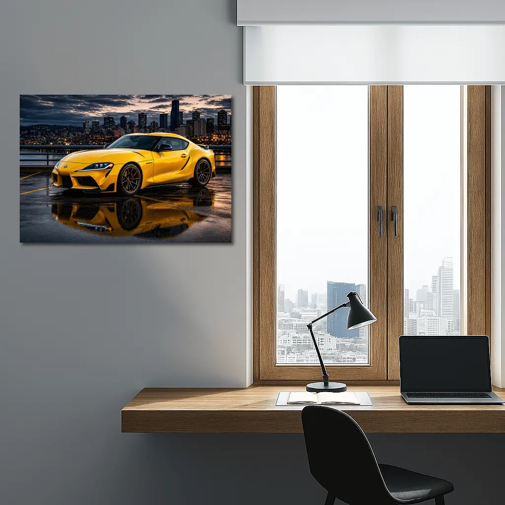 Yellow Toyota Supra City Night Reflection – Wall Art