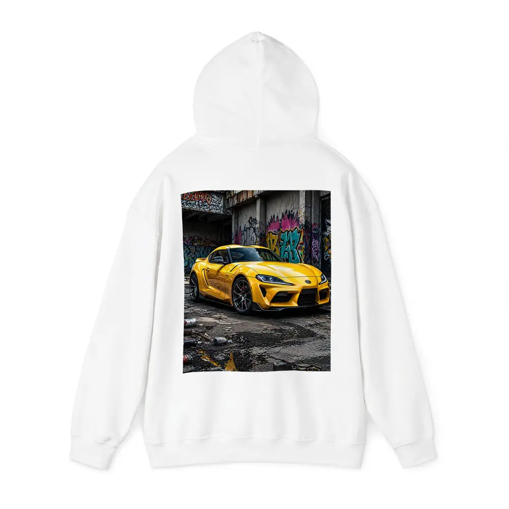 Yellow Toyota Supra Parked Urban Graffiti Street – Hoodies