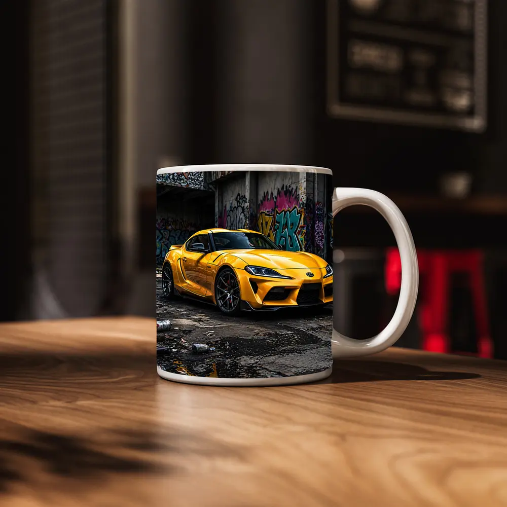 Yellow Toyota Supra Parked Urban Graffiti Street – Mugs