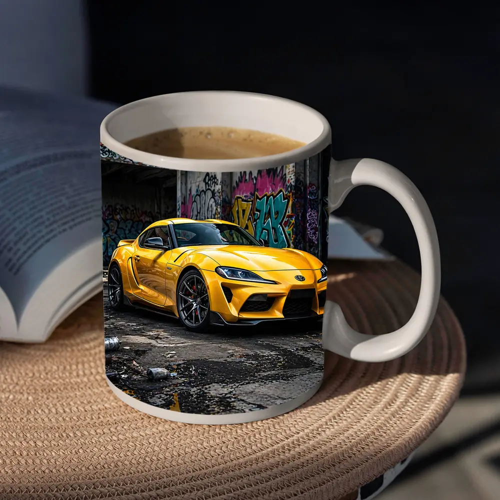 Yellow Toyota Supra Parked Urban Graffiti Street – Mugs