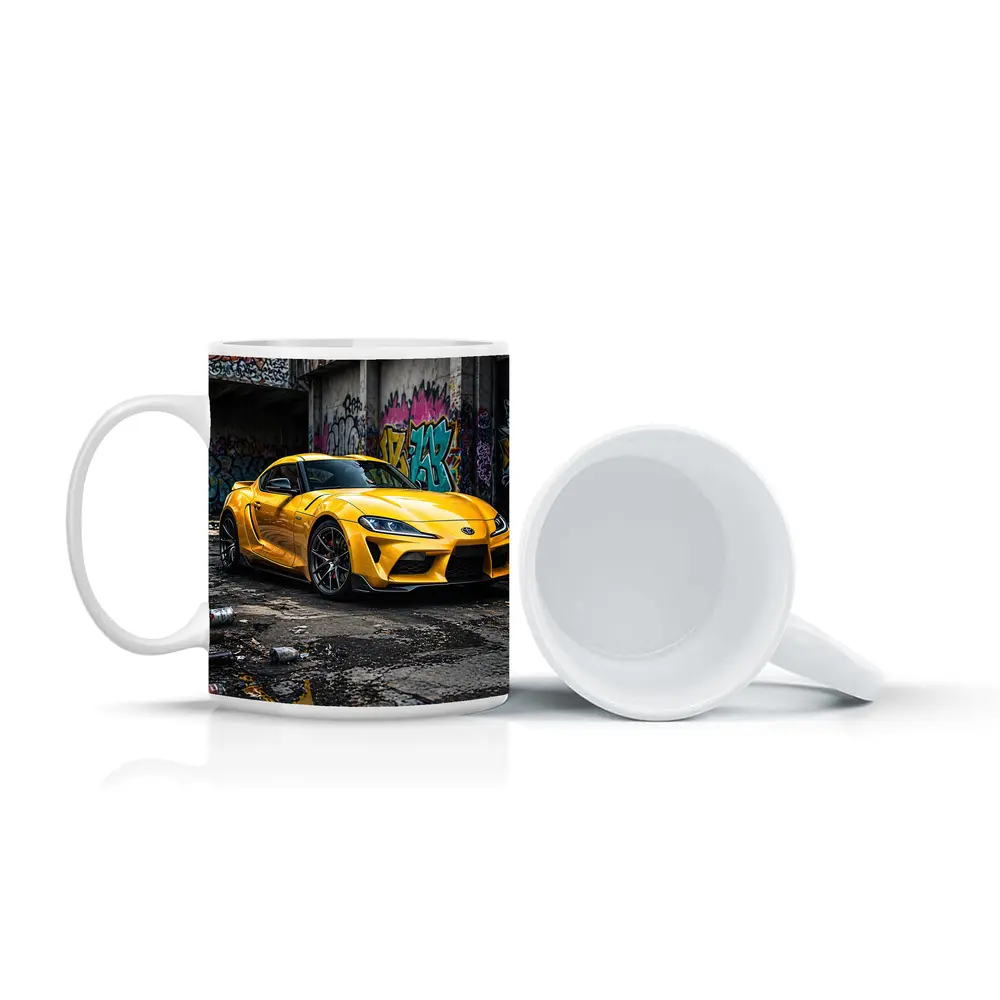 Yellow Toyota Supra Parked Urban Graffiti Street – Mugs