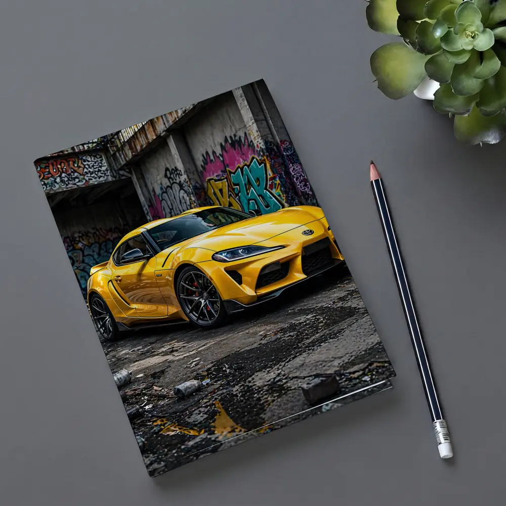 Yellow Toyota Supra Parked Urban Graffiti Street – Notebooks