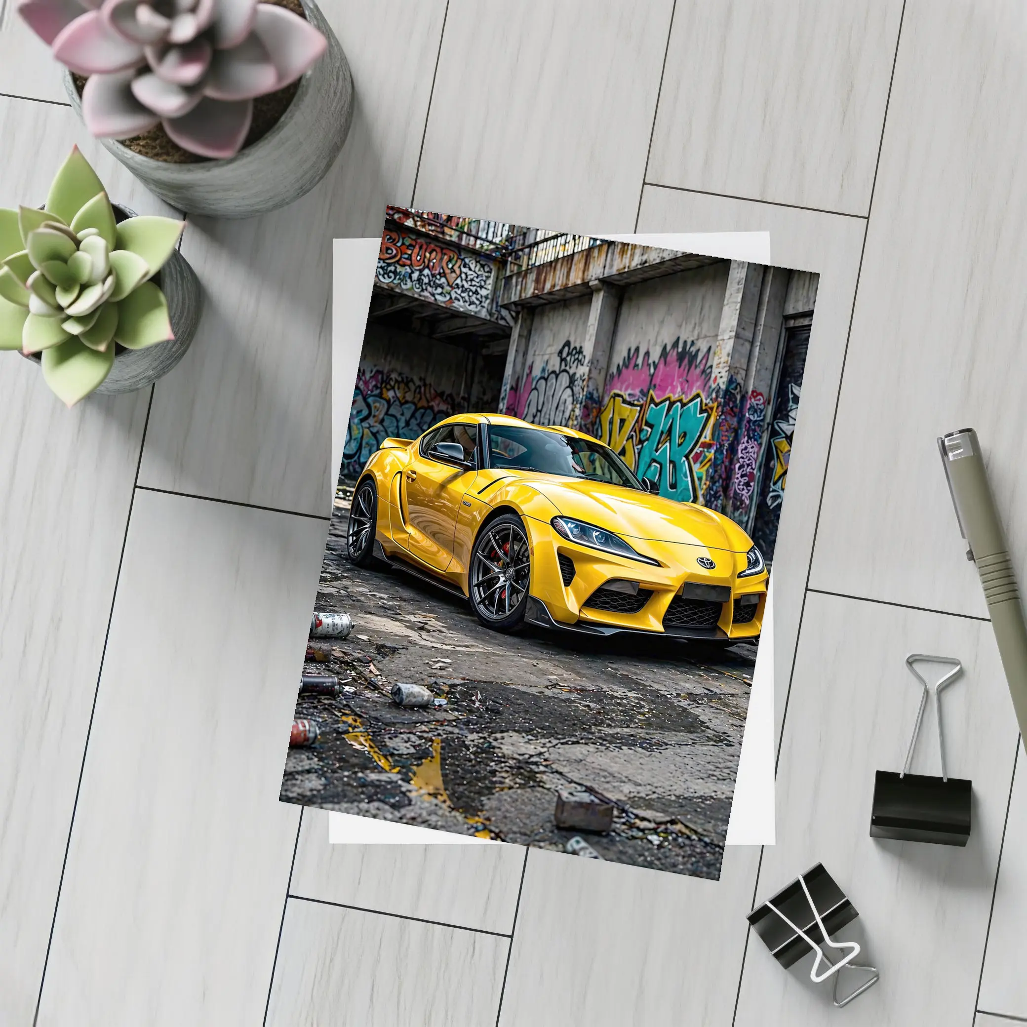Yellow Toyota Supra Parked Urban Graffiti Street – Postcards