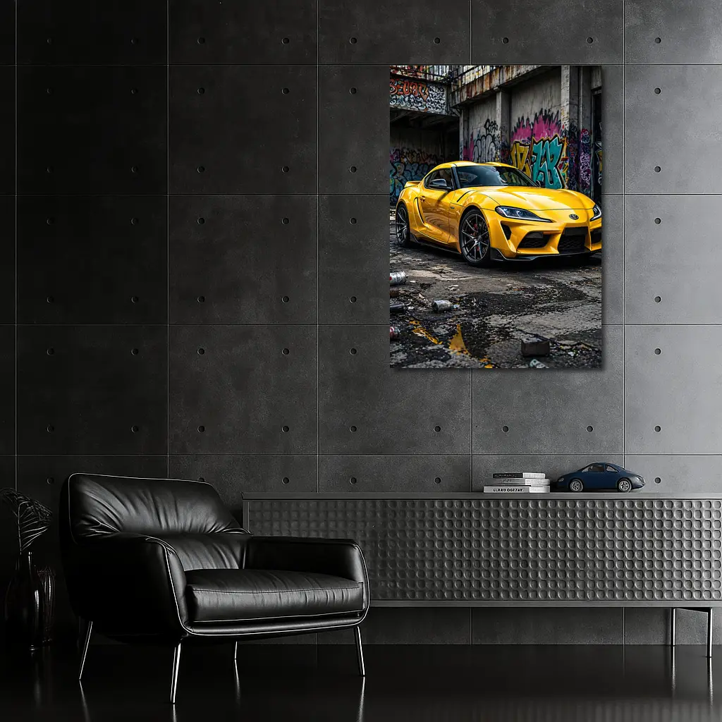 Yellow Toyota Supra Parked Urban Graffiti Street – Wall Art