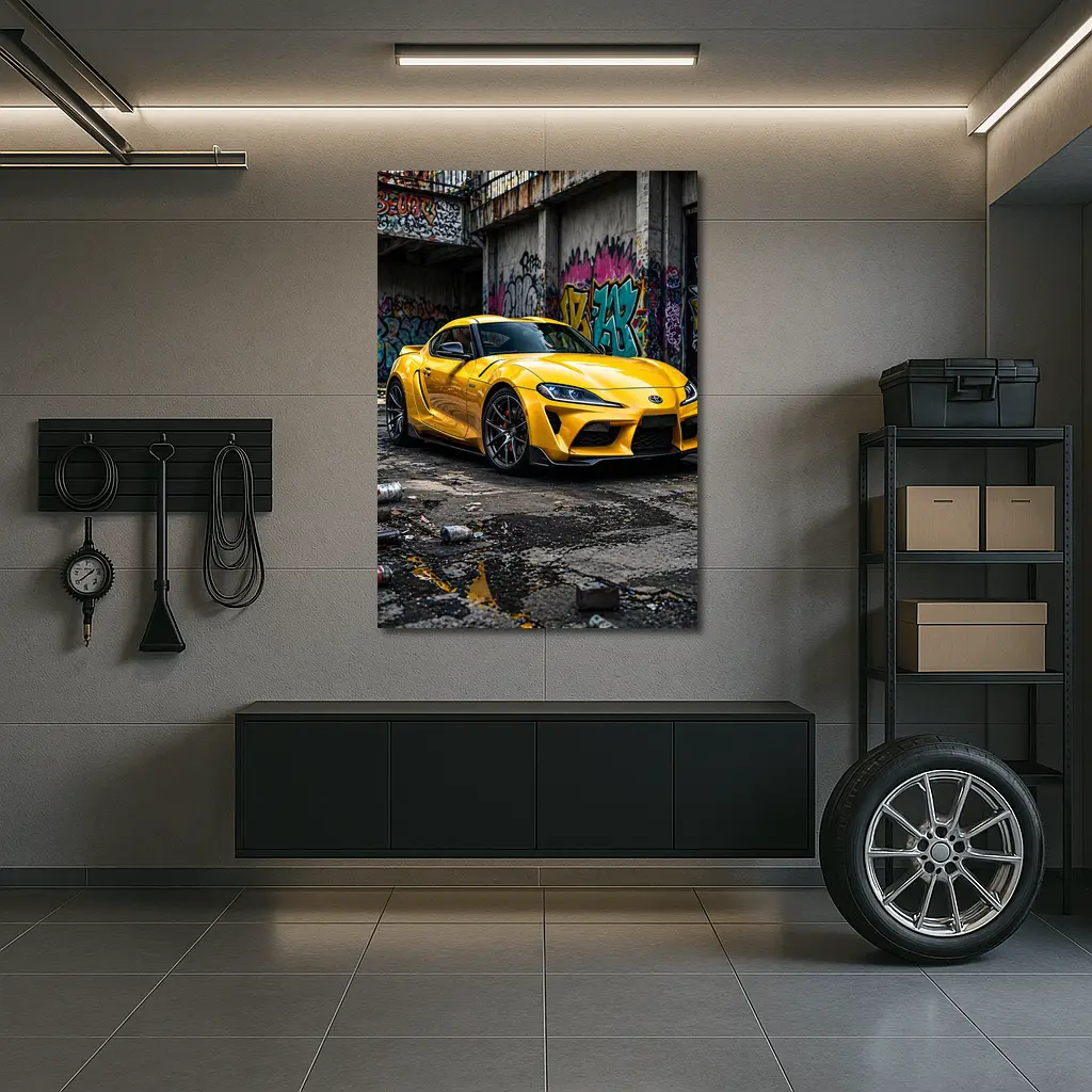 Yellow Toyota Supra Parked Urban Graffiti Street – Wall Art