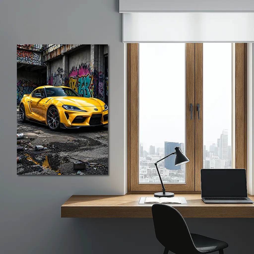 Yellow Toyota Supra Parked Urban Graffiti Street – Wall Art