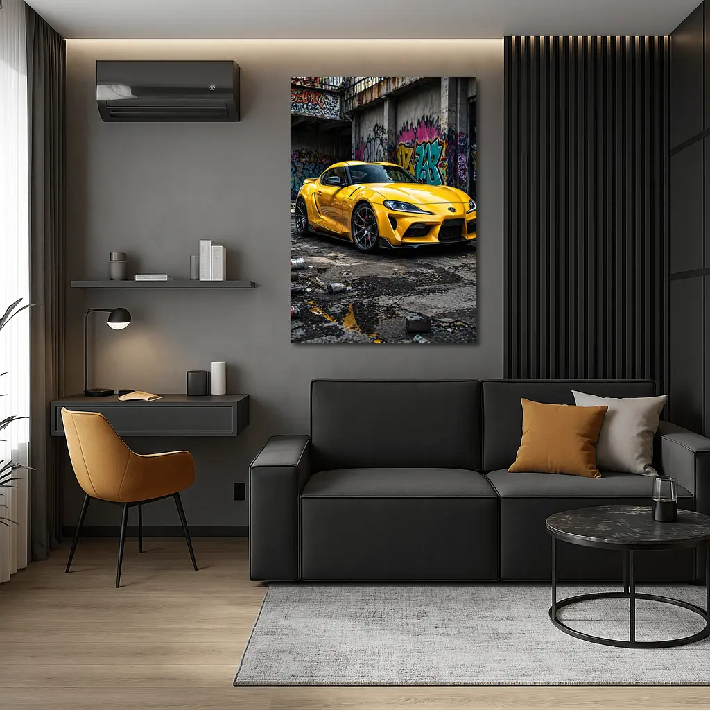 Yellow Toyota Supra Parked Urban Graffiti Street – Wall Art