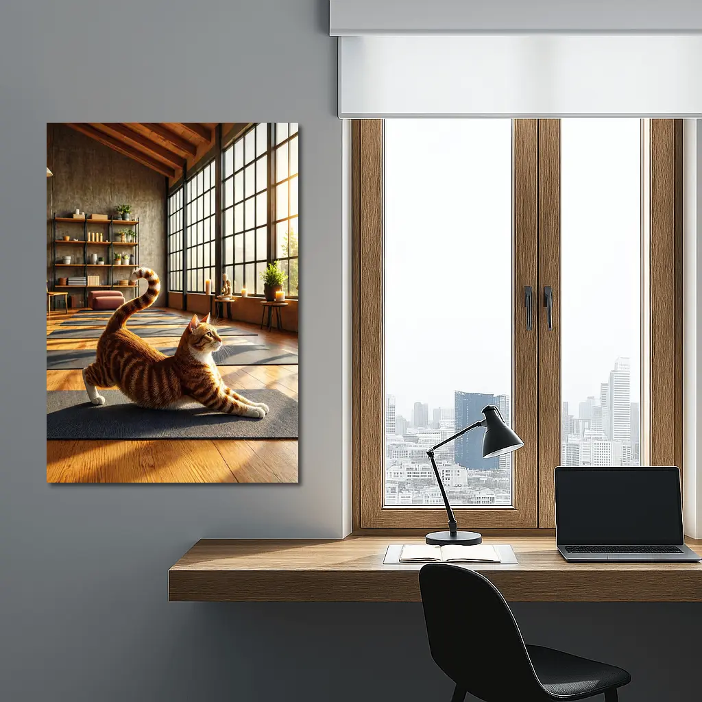 Orange Tabby Cat Stretching in Yoga Studio – Wall Art