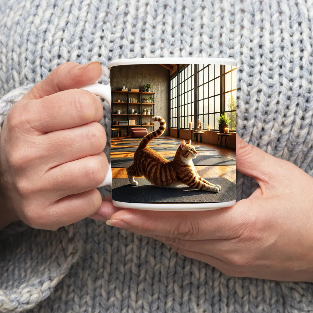 Orange Tabby Cat Stretching in Yoga Studio – Mugs