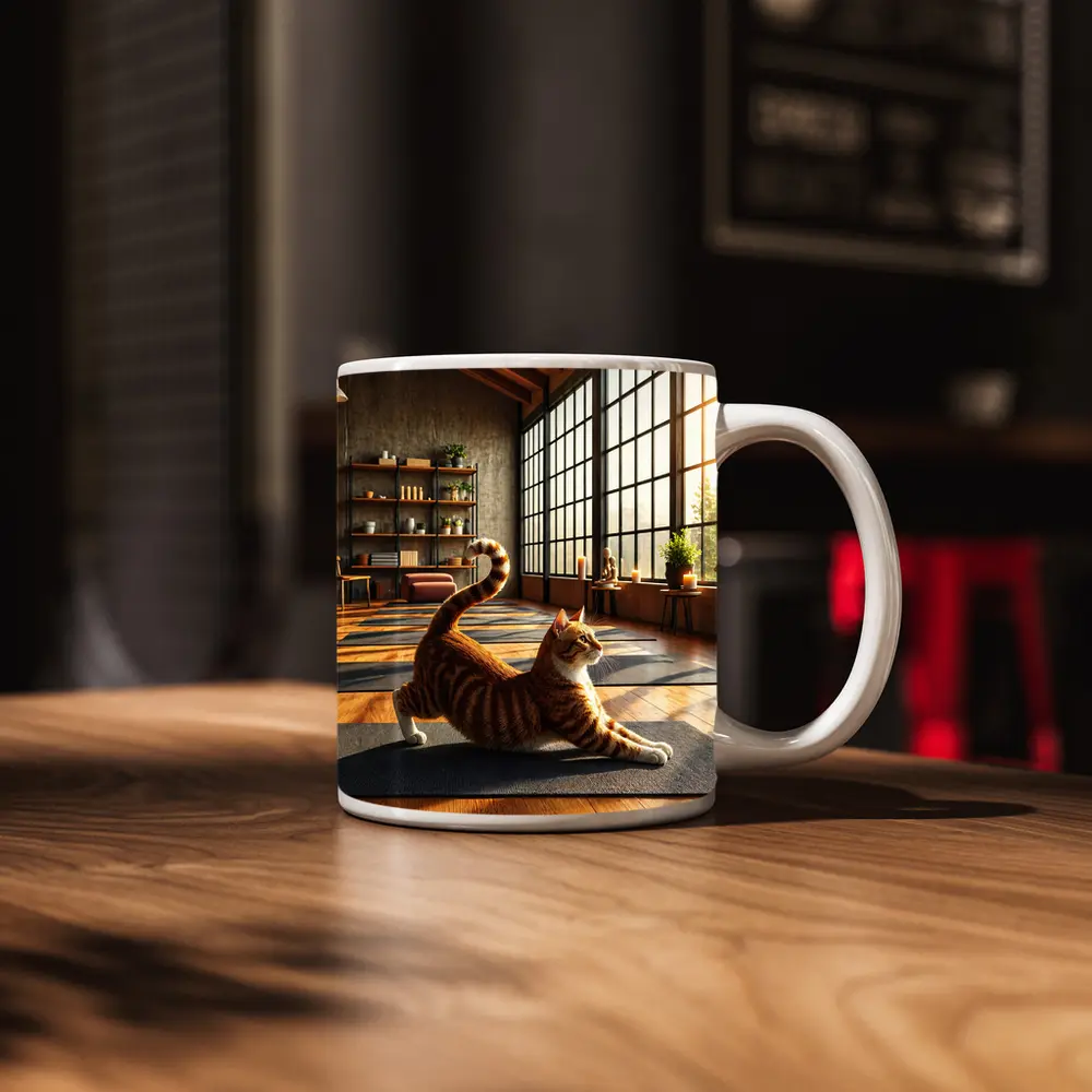 Orange Tabby Cat Stretching in Yoga Studio – Mugs