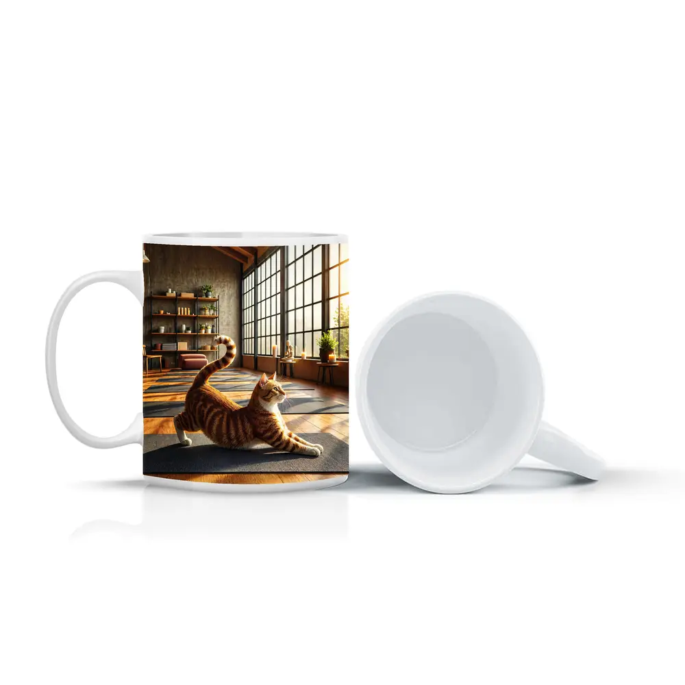 Orange Tabby Cat Stretching in Yoga Studio – Mugs