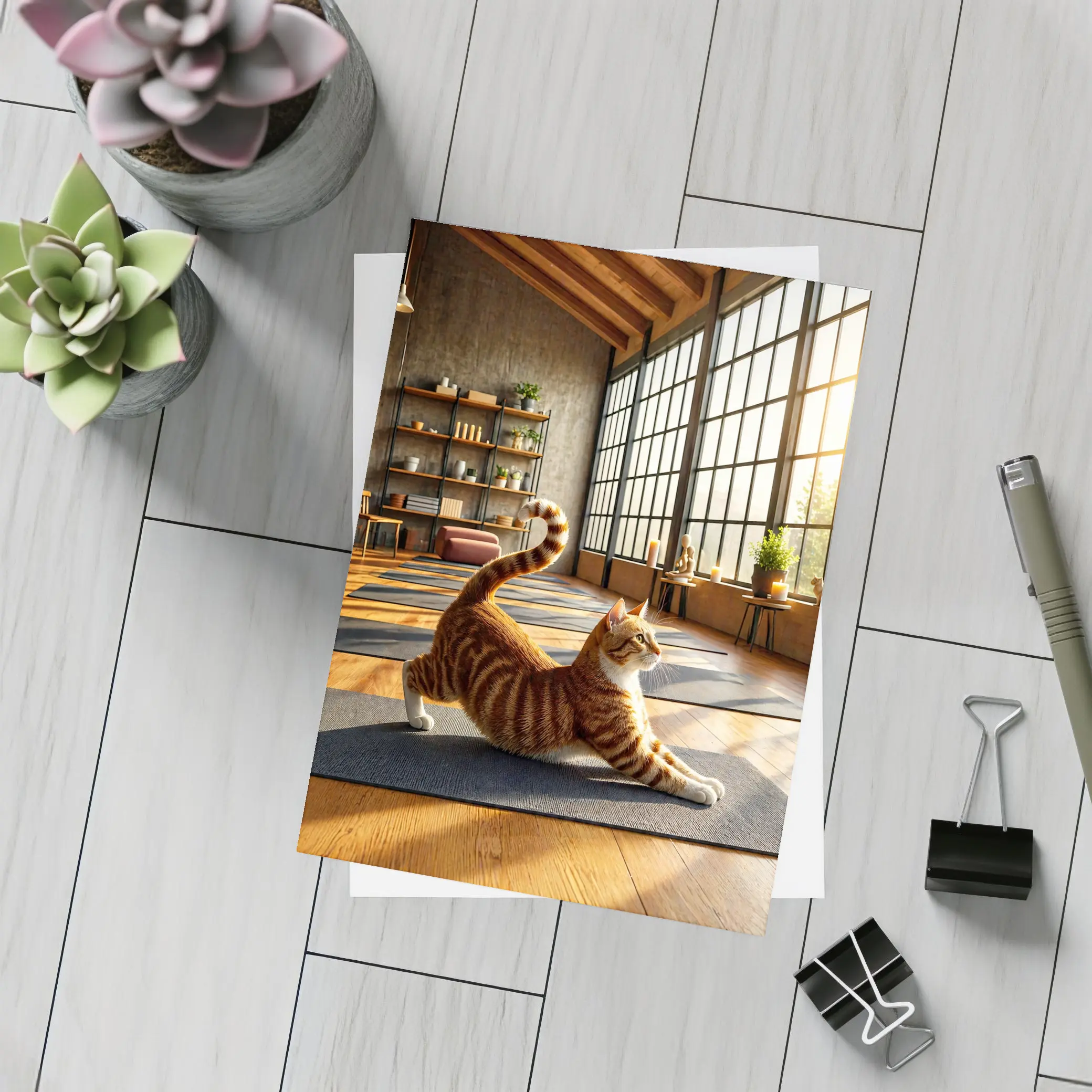 Orange Tabby Cat Stretching in Yoga Studio – Postcards