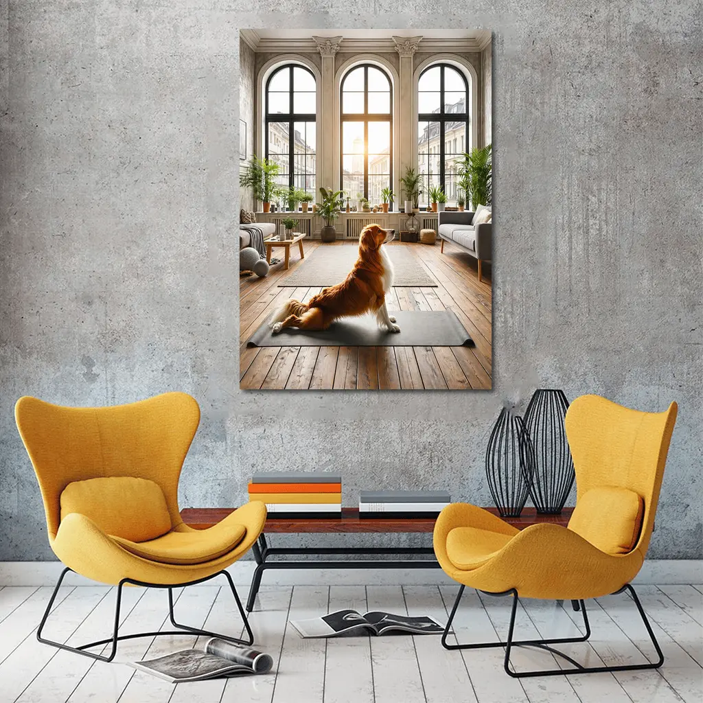 Golden Retriever Sitting on Yoga Mat Interior – Wall Art