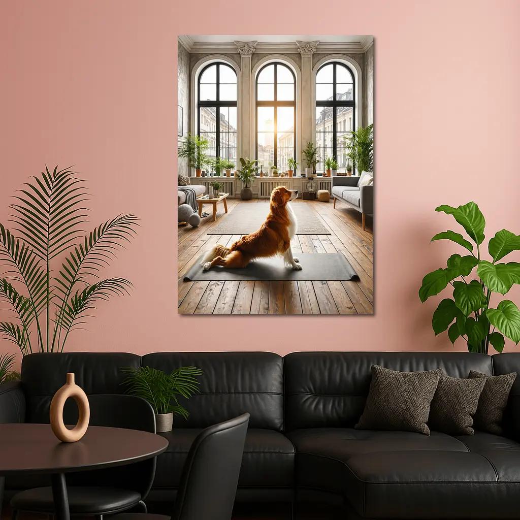 Golden Retriever Sitting on Yoga Mat Interior – Wall Art