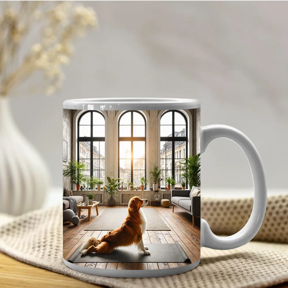 Golden Retriever Sitting on Yoga Mat Interior – Mugs