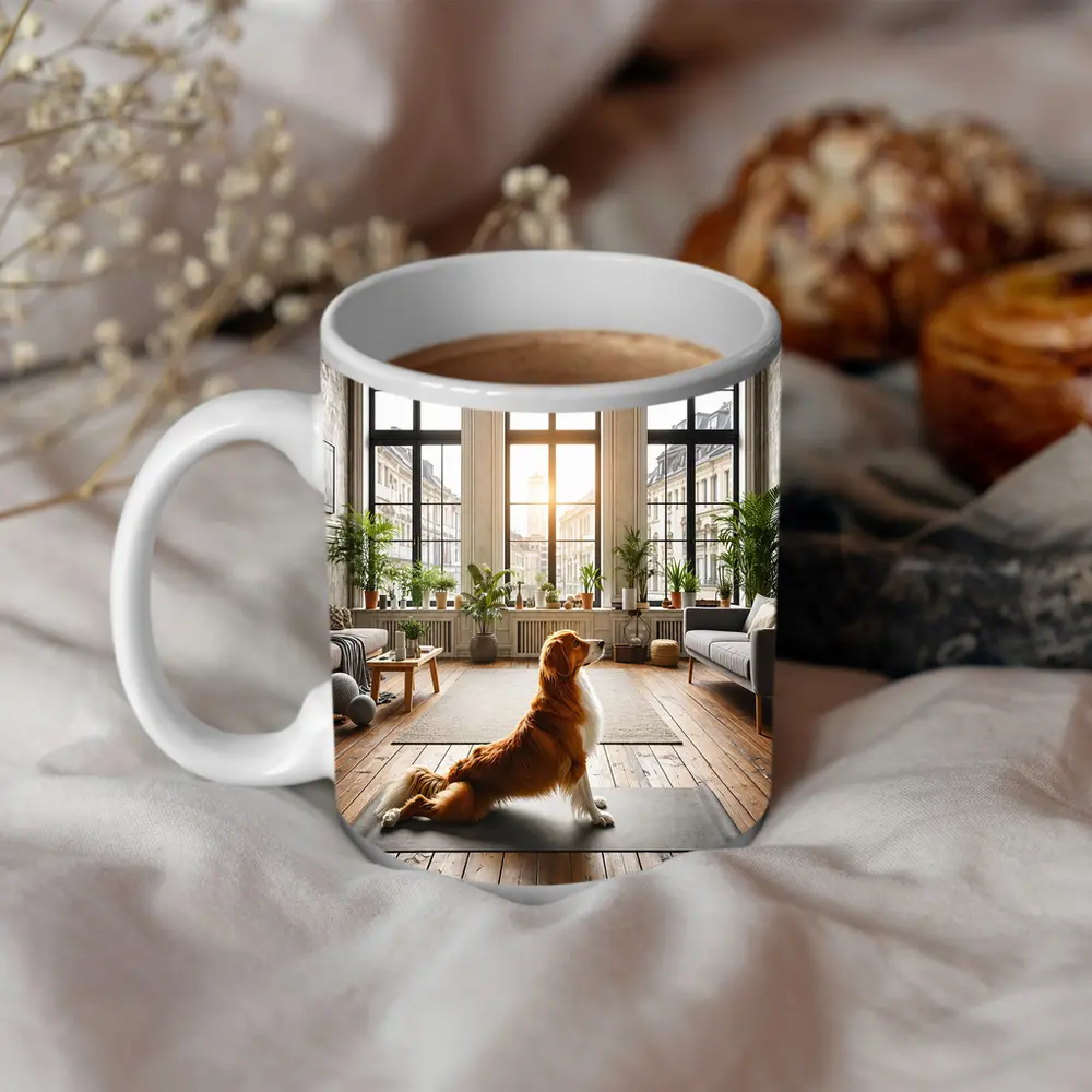 Golden Retriever Sitting on Yoga Mat Interior – Mugs