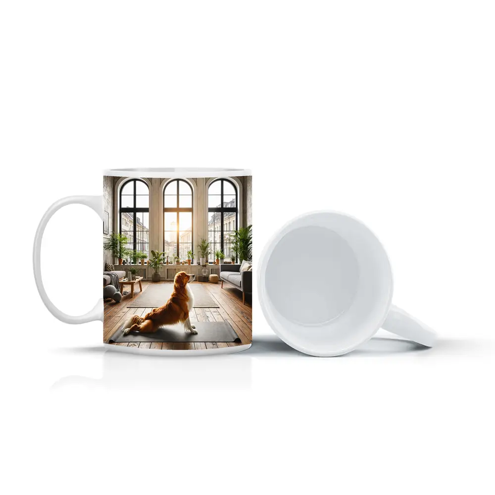 Golden Retriever Sitting on Yoga Mat Interior – Mugs
