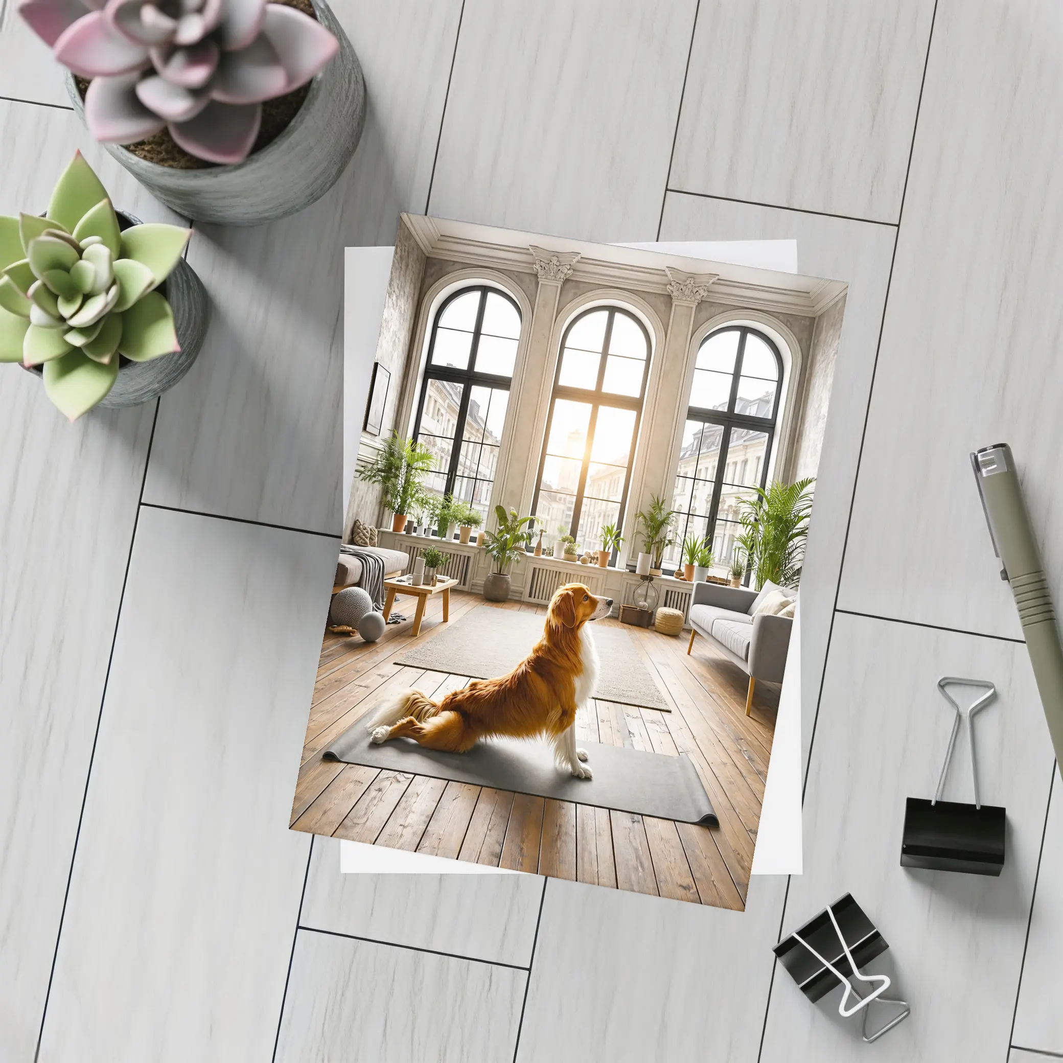 Golden Retriever Sitting on Yoga Mat Interior – Postcards