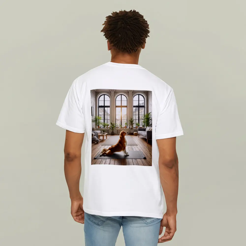 Golden Retriever Sitting on Yoga Mat Interior – T-Shirts