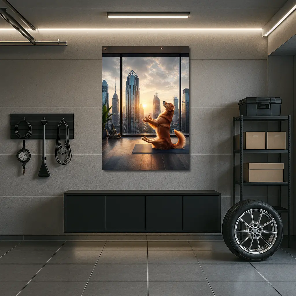 Golden Retriever Doing Yoga City Skyline – Wall Art