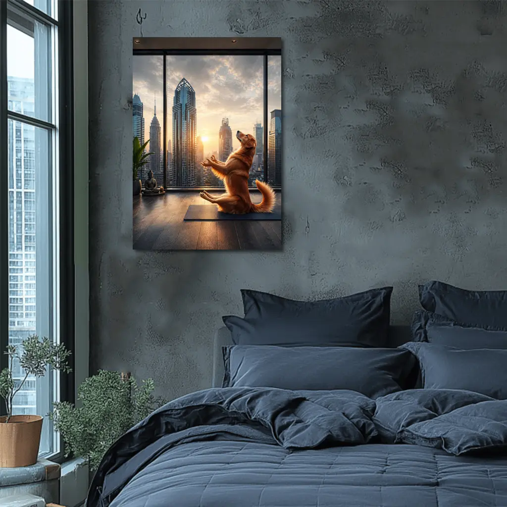 Golden Retriever Doing Yoga City Skyline – Wall Art