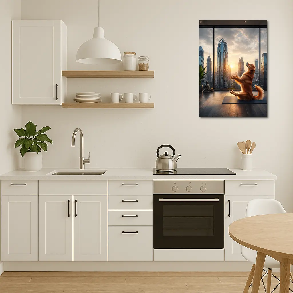 Golden Retriever Doing Yoga City Skyline – Wall Art