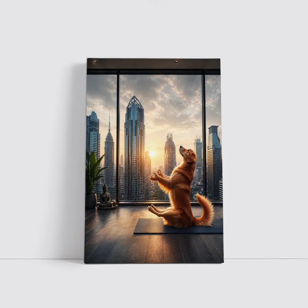 Golden Retriever Doing Yoga City Skyline – Wall Art