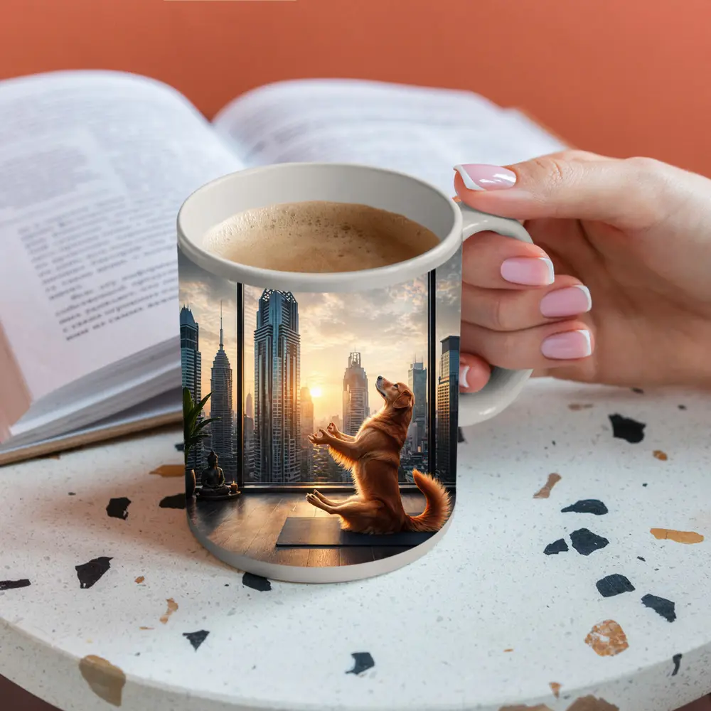 Golden Retriever Doing Yoga City Skyline – Mugs