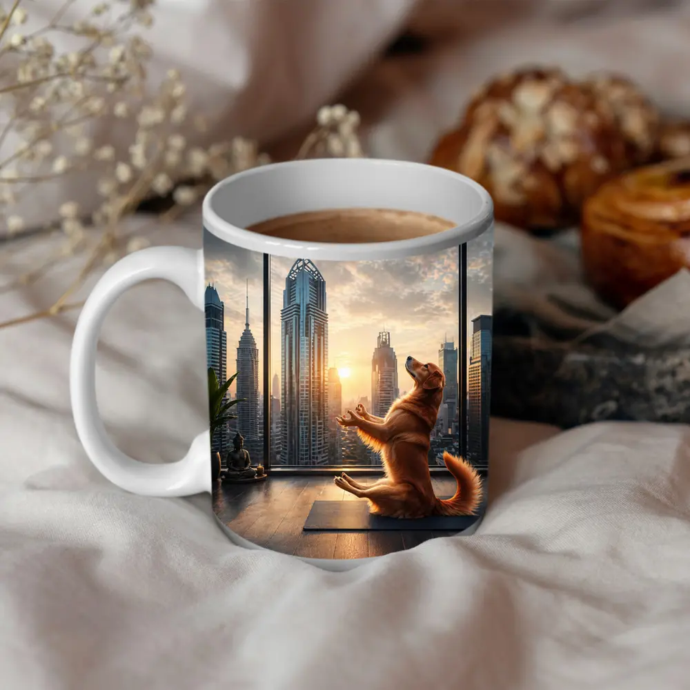 Golden Retriever Doing Yoga City Skyline – Mugs