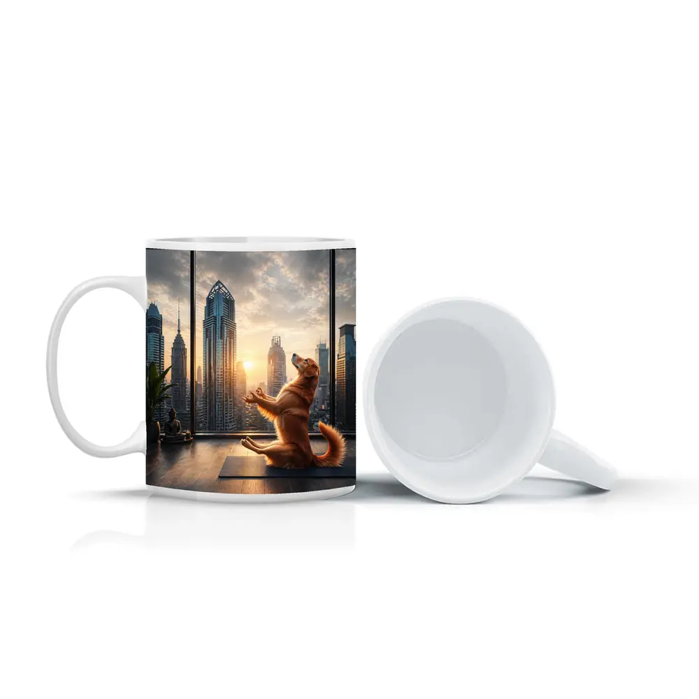 Golden Retriever Doing Yoga City Skyline – Mugs