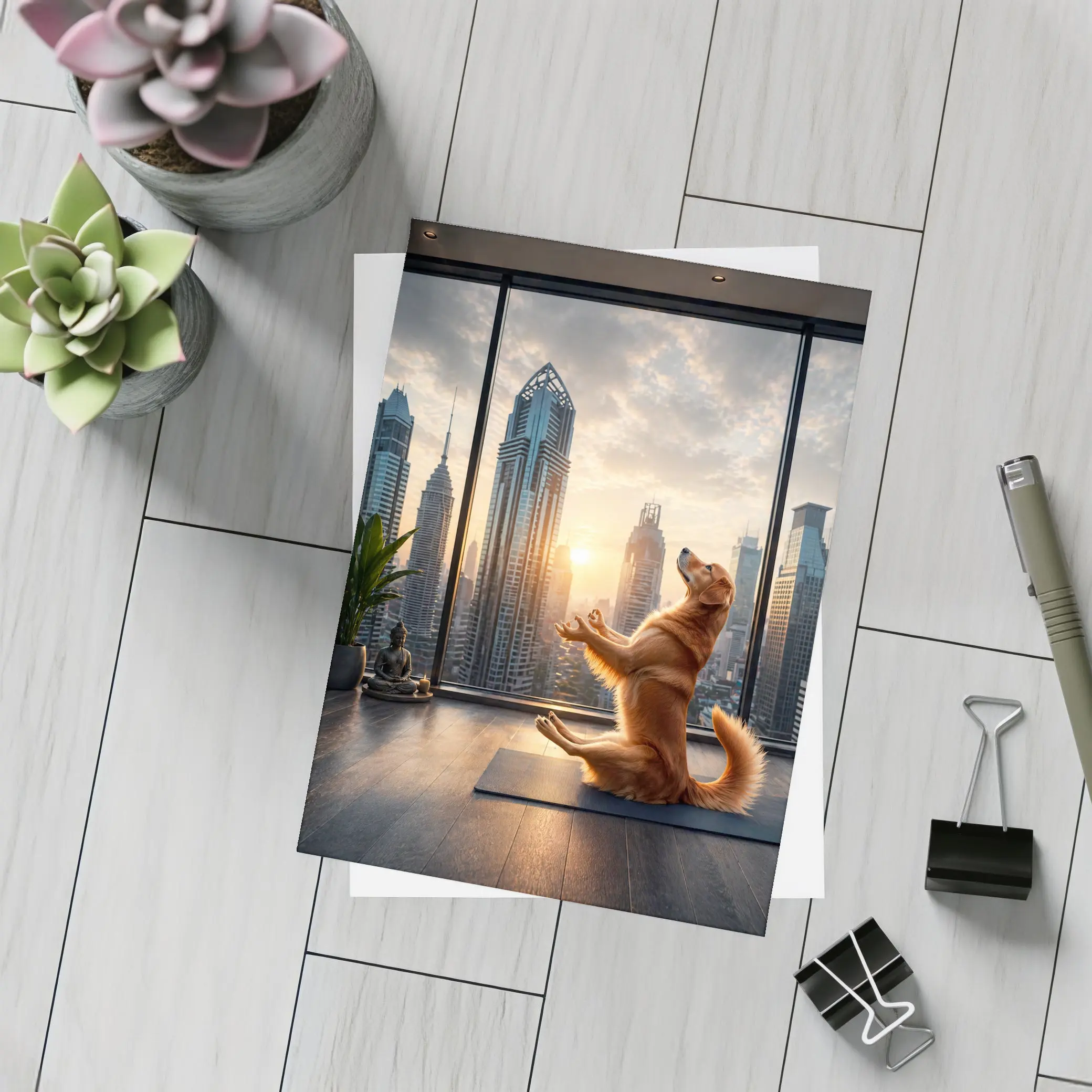 Golden Retriever Doing Yoga City Skyline – Postcards