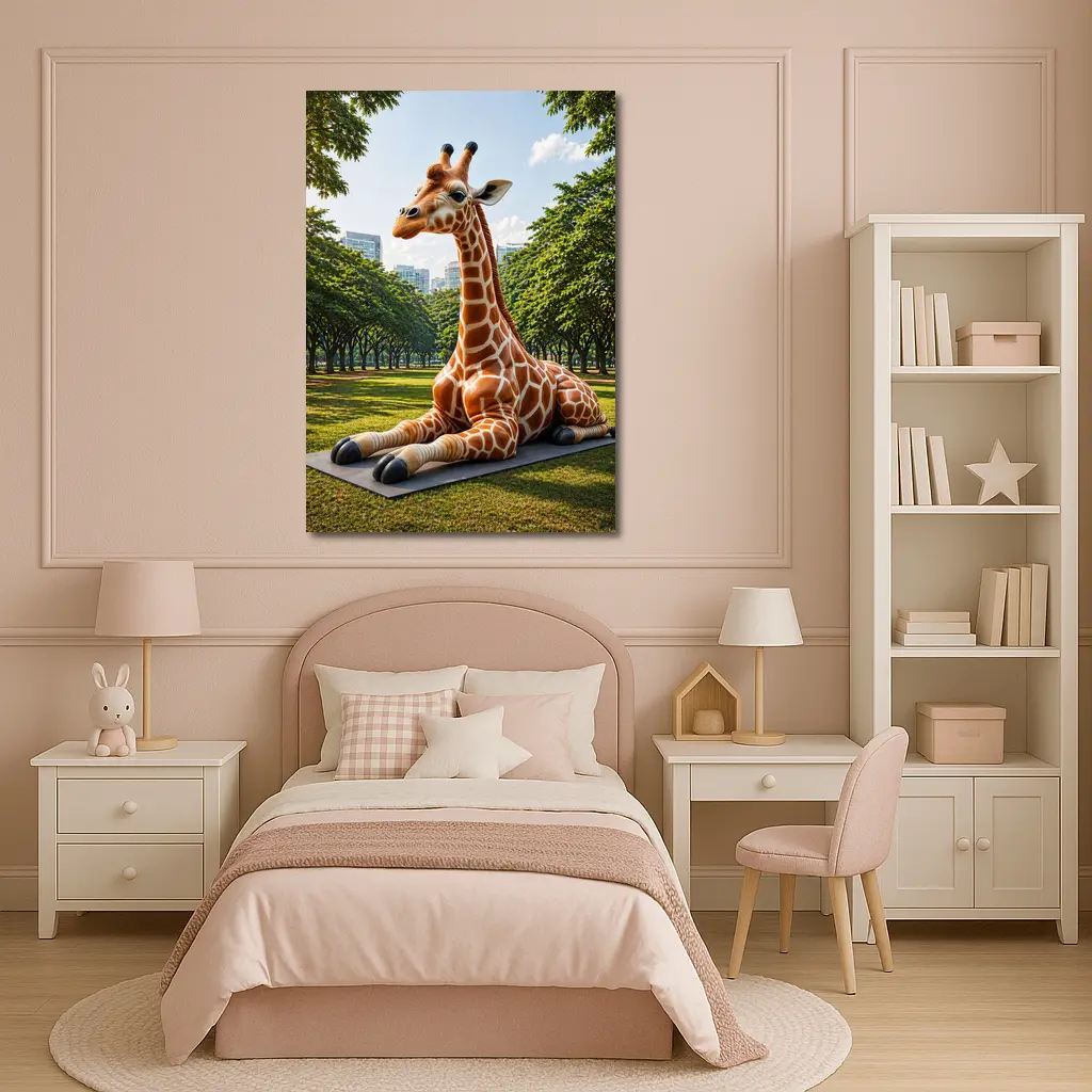 Giraffe Resting On Mat In Park – Wall Art