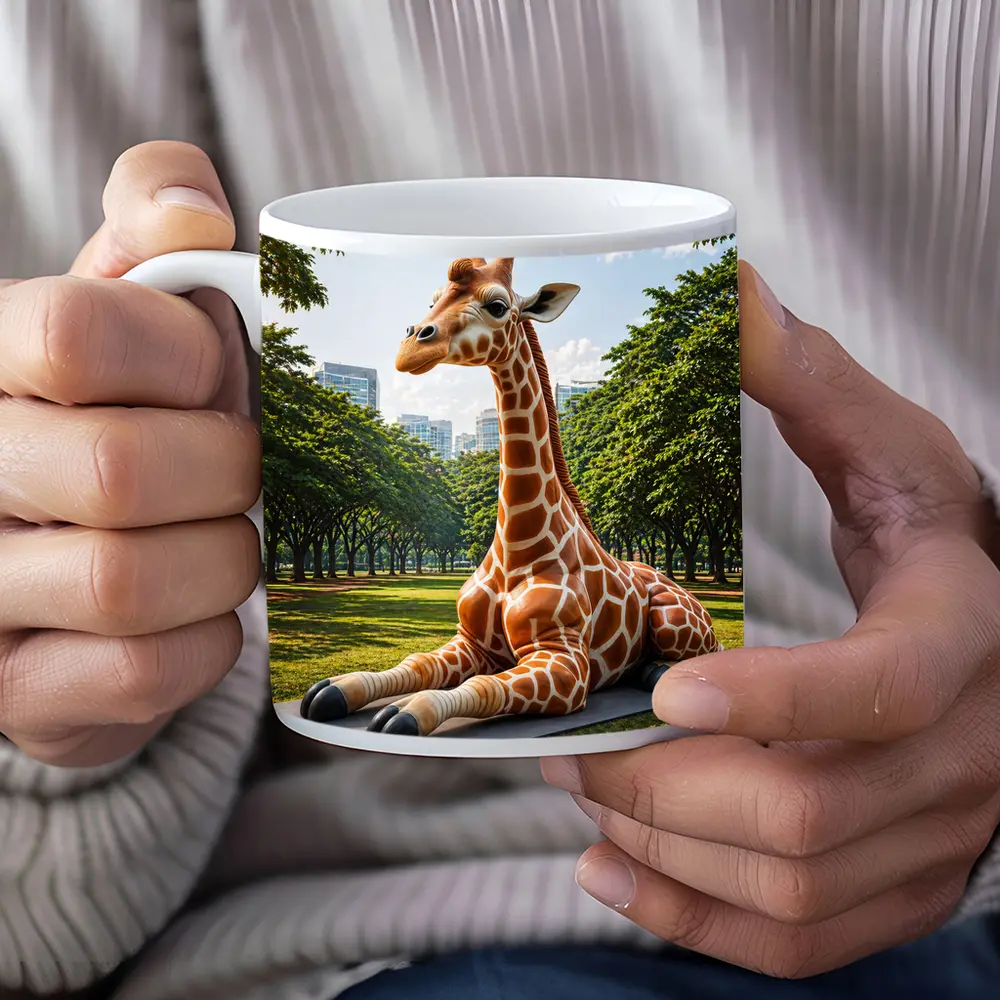 Giraffe Resting On Mat In Park – Mugs