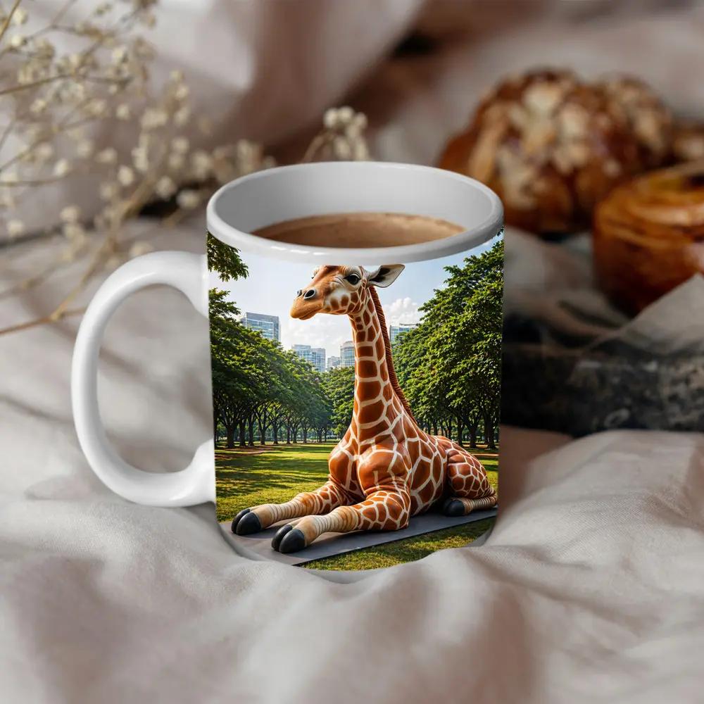 Giraffe Resting On Mat In Park – Mugs