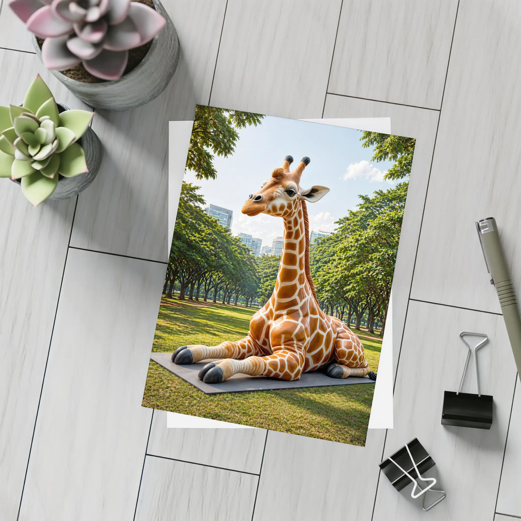 Giraffe Resting On Mat In Park – Postcards
