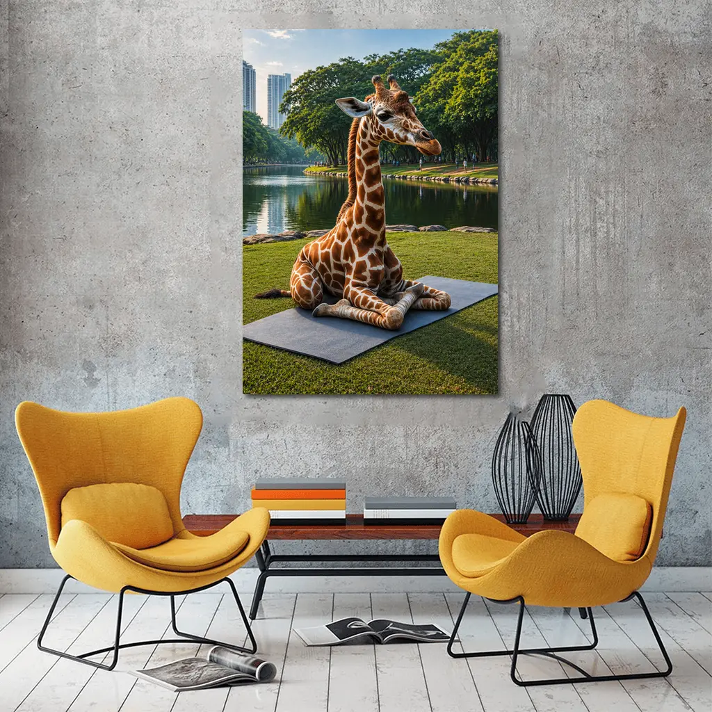 Giraffe Sitting on Yoga Mat Park – Wall Art