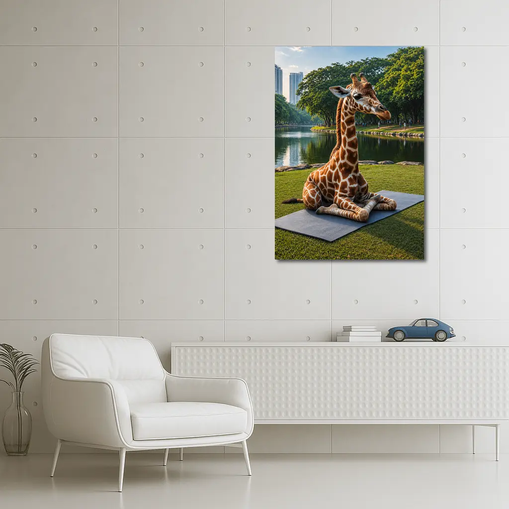Giraffe Sitting on Yoga Mat Park – Wall Art