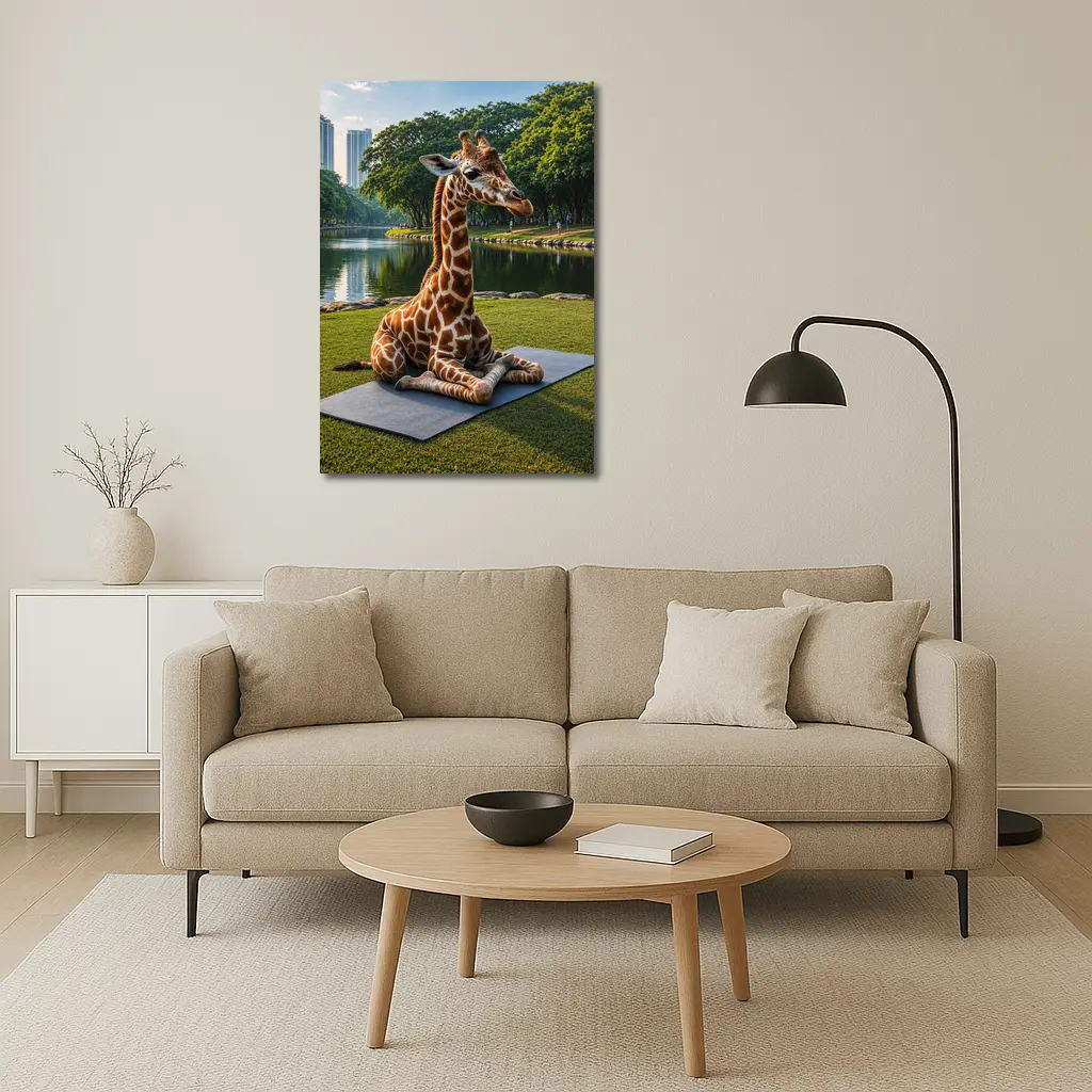Giraffe Sitting on Yoga Mat Park – Wall Art