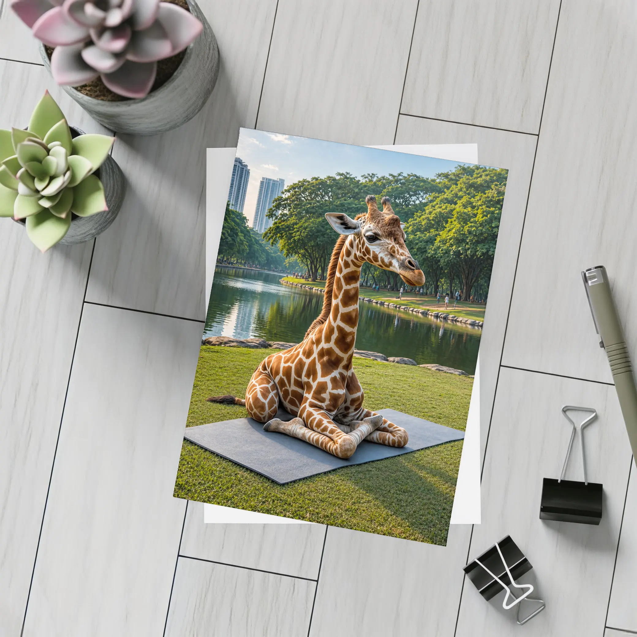 Giraffe Sitting on Yoga Mat Park – Postcards