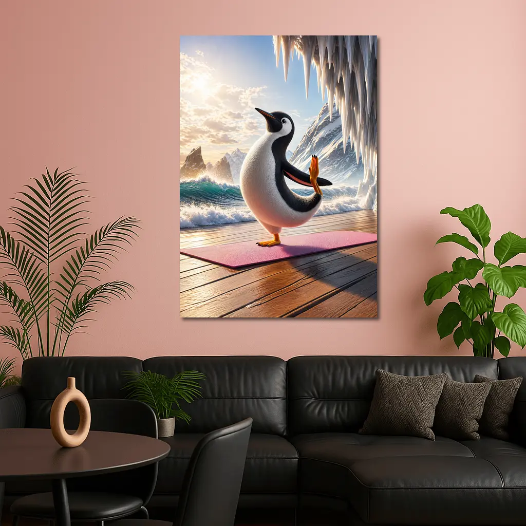 Penguin Yoga Pose On Icy Ocean Shore – Wall Art
