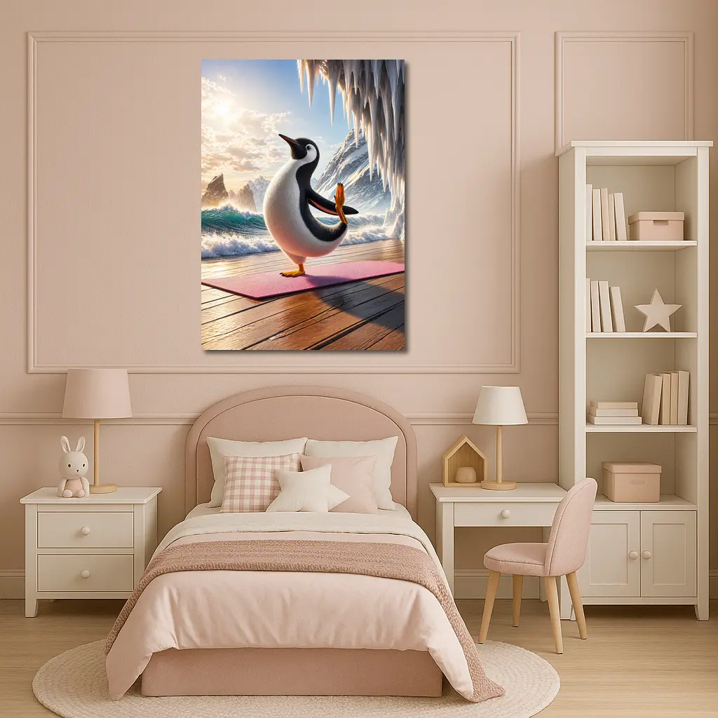 Penguin Yoga Pose On Icy Ocean Shore – Wall Art