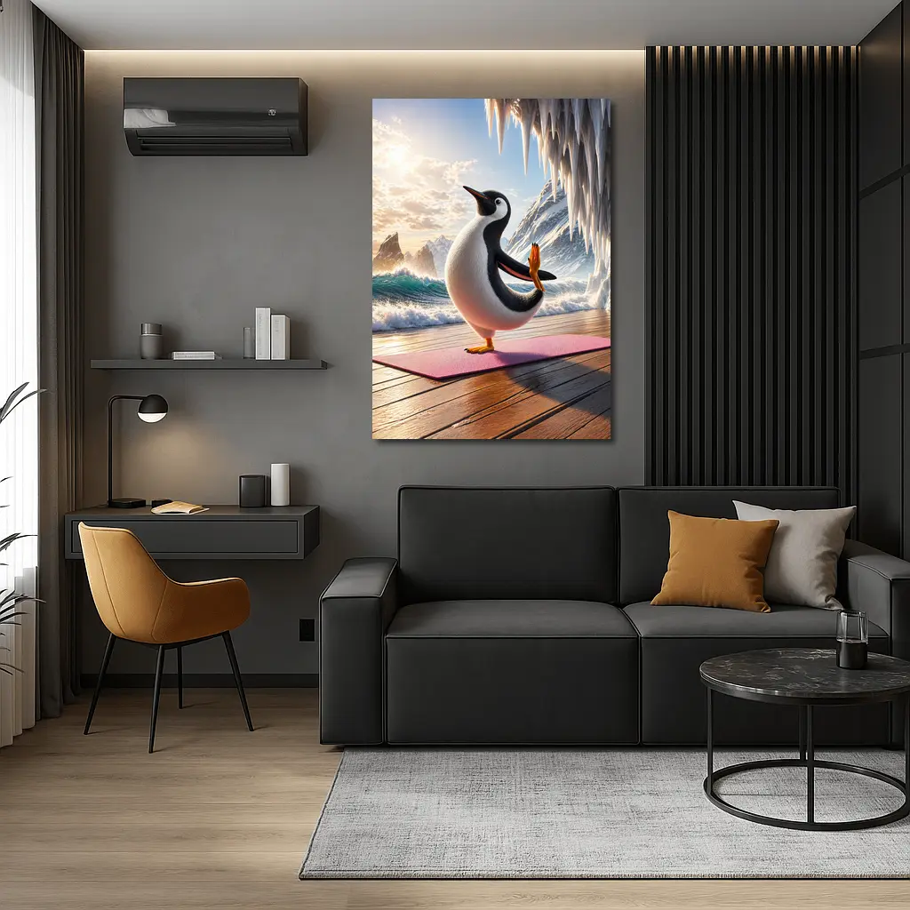 Penguin Yoga Pose On Icy Ocean Shore – Wall Art