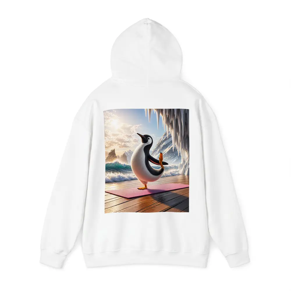 Penguin Yoga Pose On Icy Ocean Shore – Hoodies