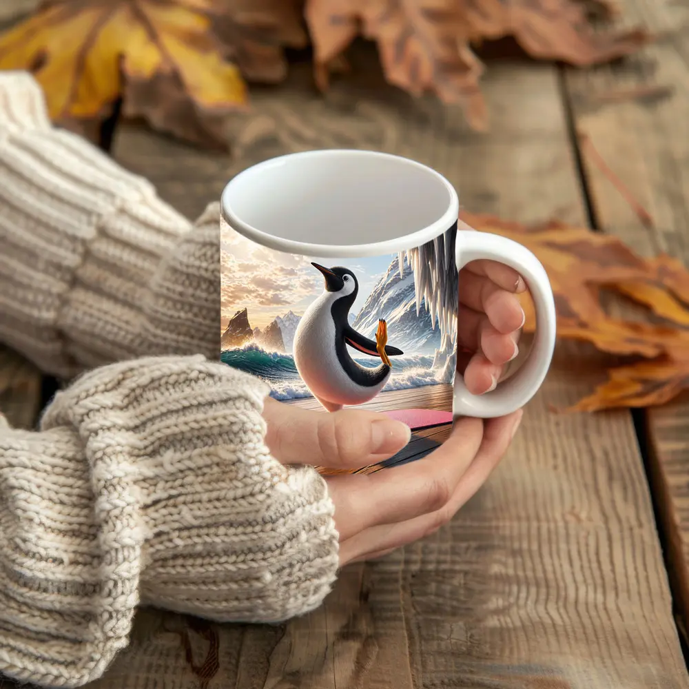 Penguin Yoga Pose On Icy Ocean Shore – Mugs