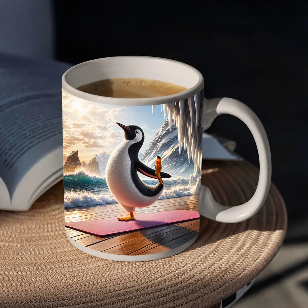 Penguin Yoga Pose On Icy Ocean Shore – Mugs