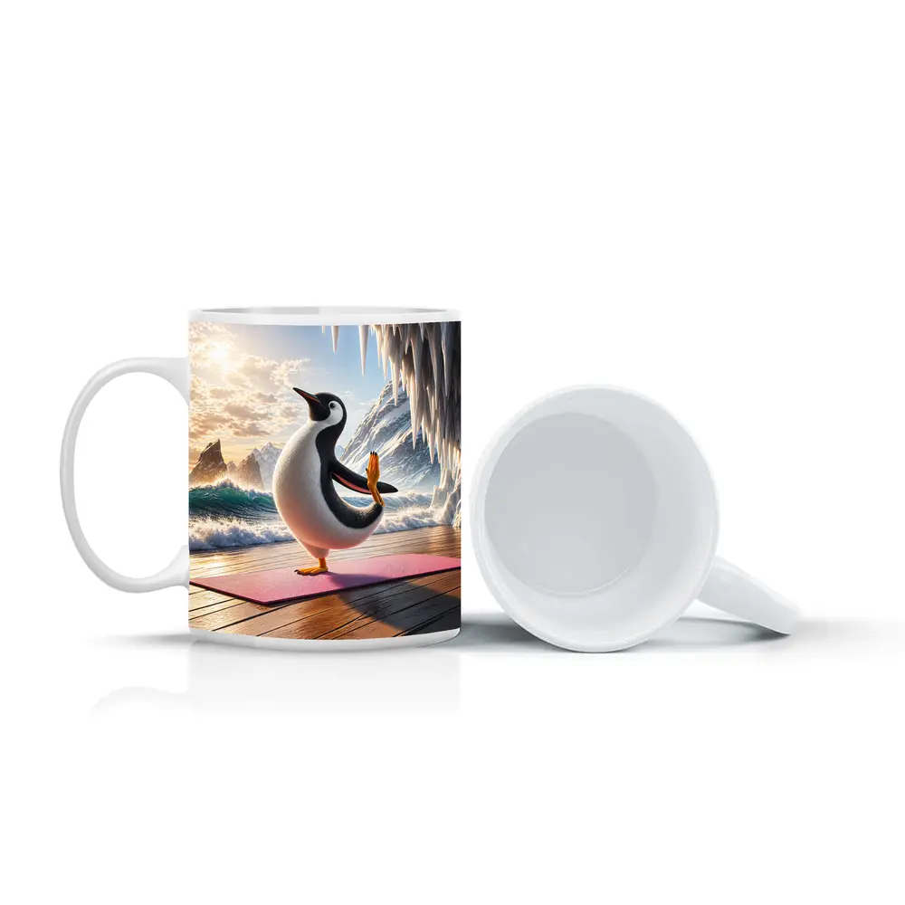 Penguin Yoga Pose On Icy Ocean Shore – Mugs