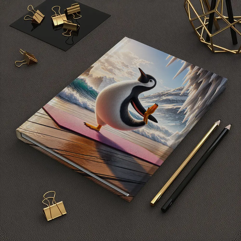 Penguin Yoga Pose On Icy Ocean Shore – Notebooks