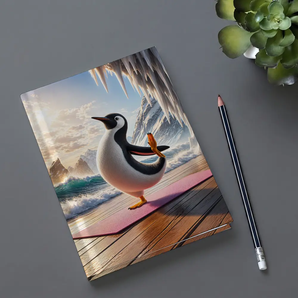 Penguin Yoga Pose On Icy Ocean Shore – Notebooks