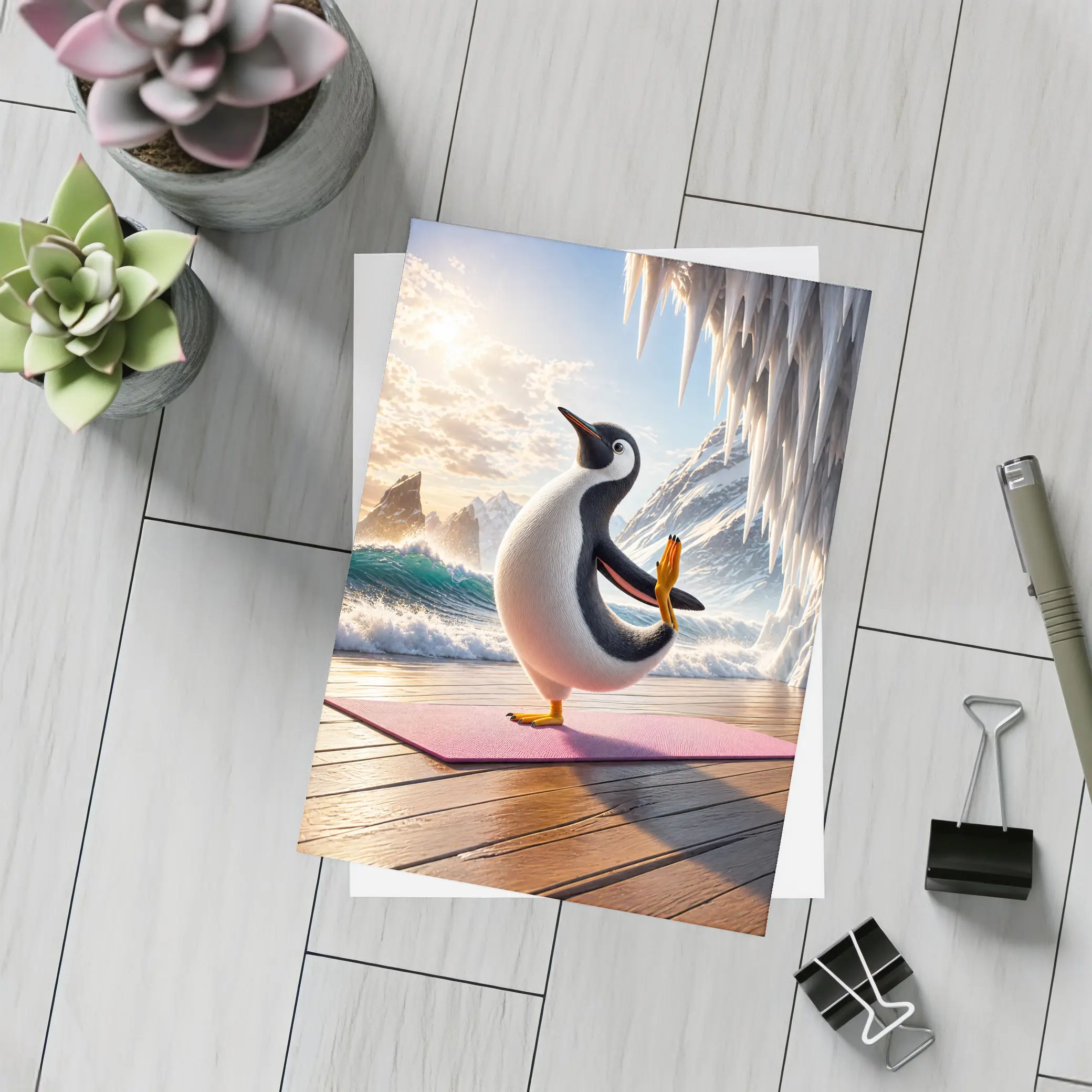 Penguin Yoga Pose On Icy Ocean Shore – Postcards